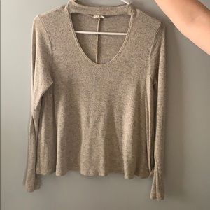Beige V neck Long Sleeve Top